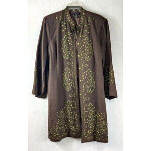 Silk Land Nehru Long Jacket 2X Brown Embroidery Green Tones Boho Hippie Duster